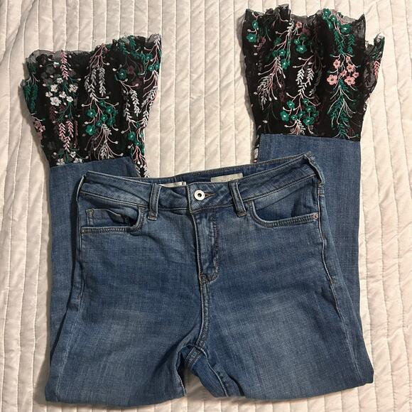 Pilcro and the Letterpress Floral Embroidered Bell Bottom Flare Jeans Sz 26 - Picture 2 of 3